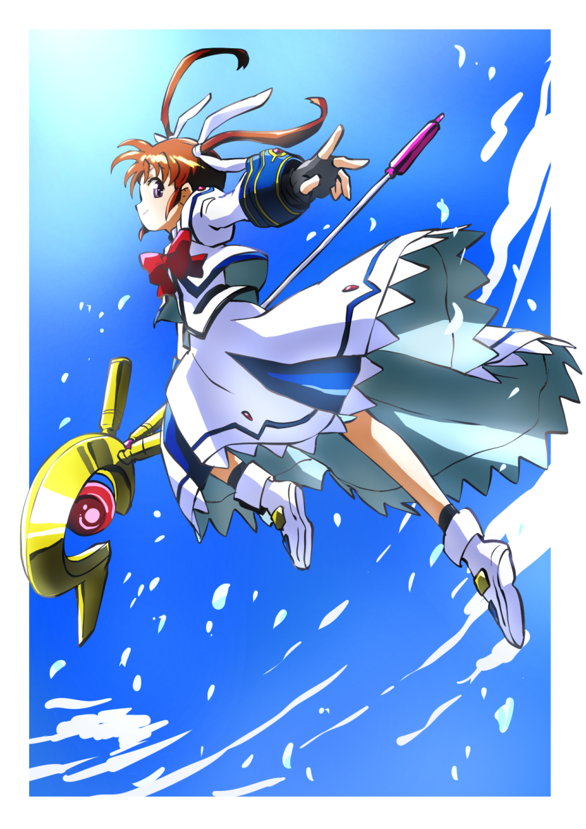 1girl brown_hair dress fingerless_gloves gloves hair_ribbon highres holding holding_staff long_hair long_sleeves looking_at_viewer lyrical_nanoha magical_girl mahou_shoujo_lyrical_nanoha raising_heart ribbon sky smile solo staff taiga_hiroyuki takamachi_nanoha twintails weapon