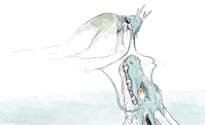 1boy absurdres bent_over blue_hair commentary_request dragon dragon_boy dragon_horns dual_persona eastern_dragon eastern_dragon_horns facing_down green_kimono highres horns hotathino japanese_clothes kimono kneeling long_hair male_focus original ripples solo water white_background