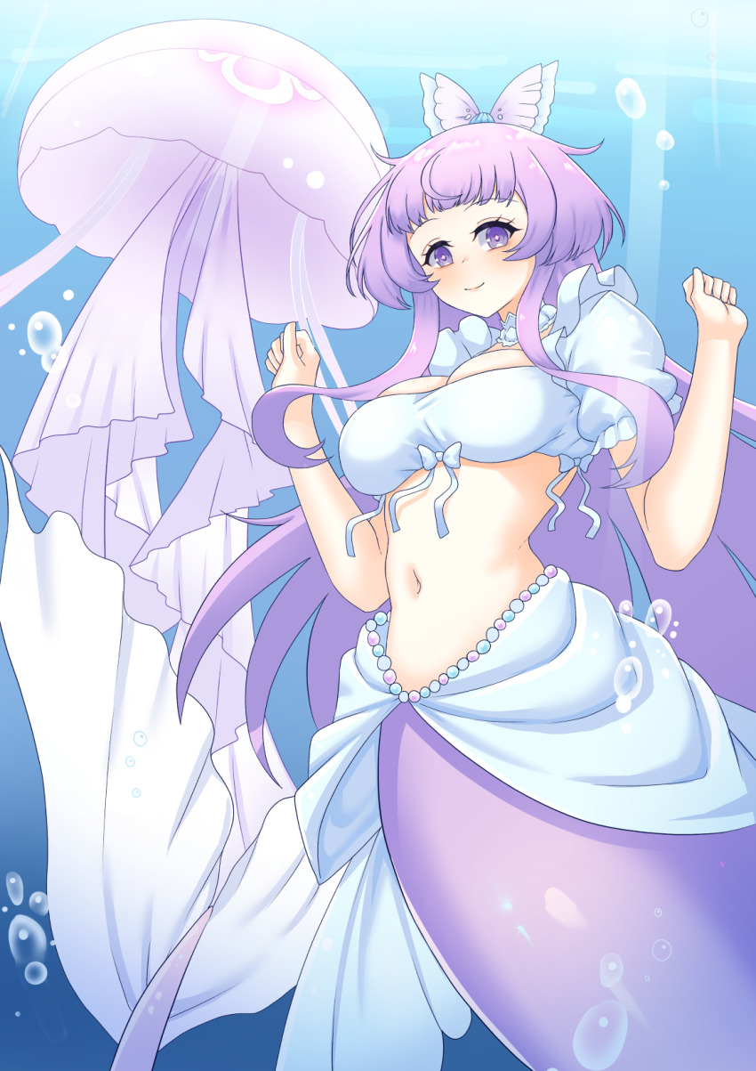 1girl bow breasts bubble cleavage closed_mouth collar commentary detached_collar dot_nose english_commentary eyelashes hair_bow highres jellyfish medium_breasts mermaid monster_girl navel nexas_(vtuber) puffy_short_sleeves puffy_sleeves puffywaffles purple_eyes purple_hair short_sleeves smile solo underwater virtual_youtuber white_bow white_collar