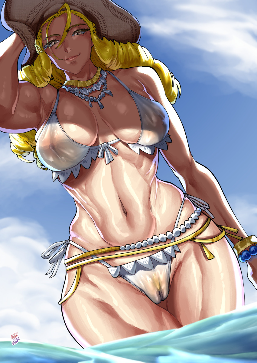 1girl aarokira absurdres alternate_costume beach biceps bikini blonde_hair breasts cleft_of_venus curvy day drill_hair fingernails hat highleg highleg_bikini highres jewelry kanzuki_karin long_hair looking_at_viewer medium_breasts necklace official_alternate_costume open_mouth partially_visible_vulva see-through_clothes shiny_skin side-tie_bikini_bottom smile solo street_fighter street_fighter_v string_bikini sun_hat swimsuit thighs thong thong_bikini wet wet_clothes wet_swimsuit white_bikini yellow_eyes