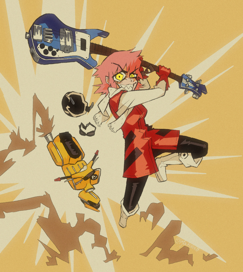 1girl absurdres boots fangs flcl gloves green_eyes guitar haruhara_haruko highres instrument machitoons messy messy_hair motor_vehicle pink_hair red_gloves scene_reference scooter solo vespa white_boots yellow_background