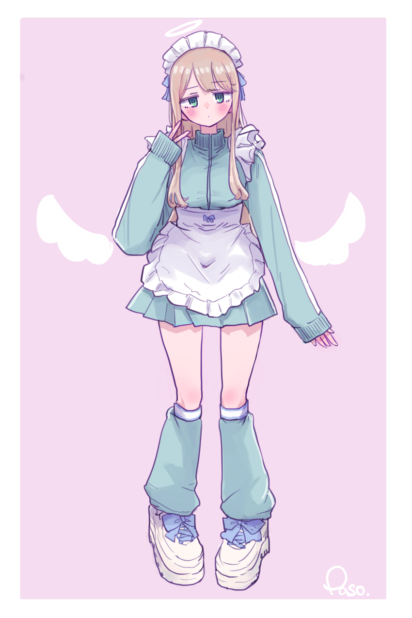 1girl absurdres angel_wings apron blonde_hair blue_jacket blue_leg_warmers blue_skirt blue_track_suit boku_no_kokoro_no_yabai_yatsu closed_mouth frilled_apron frills full_body green_eyes halo hand_up hanzawa_yurine highres jacket leg_warmers long_hair long_sleeves looking_at_viewer maid maid_apron maid_headdress miniskirt paso pink_background platform_shoes pleated_skirt shoes signature simple_background skirt sleeves_past_wrists sneakers solo standing track_suit traditional_halo unconventional_maid v waist_apron white_apron white_shoes wings