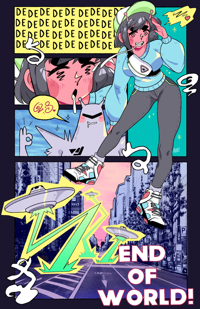 @_@ absurdres alien antennae baseball_cap blue_sweater blush_stickers colored_skin english_text fanny_pack full_body gibberish_text green_hat grey_hair hat heart highres lonelyboxart mother_(series) nintendo ok_sign original pink_skin saliva short_hair spoken_heart starman_(mother) sweater ufo