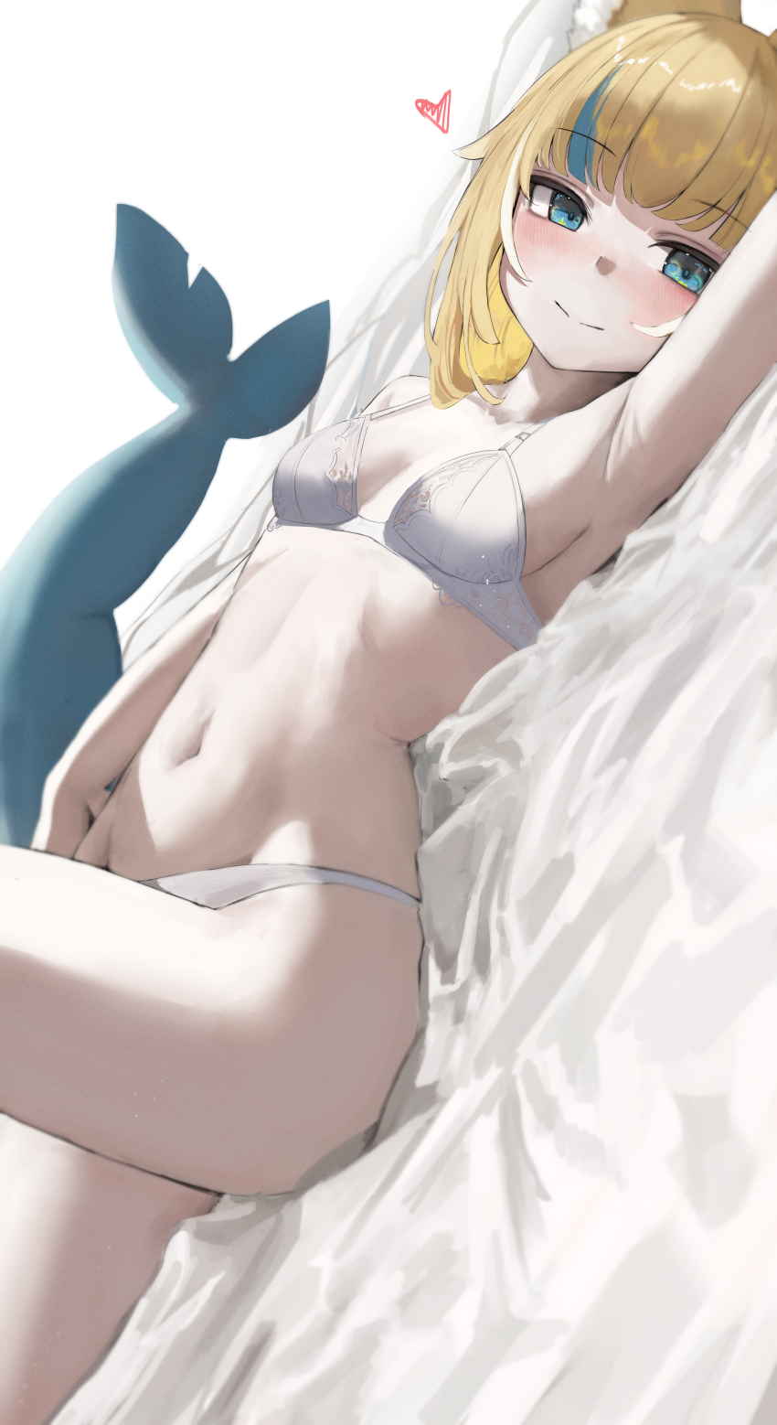 1girl absurdres animal_ear_fluff animal_ears armpits blonde_hair blue_eyes blue_hair blunt_bangs blush bra commentary fins fish_girl fish_tail heart highres indie_virtual_youtuber looking_at_viewer lying moji_(m_0j_4) multicolored_hair navel on_back on_bed panties sameko_saba solo streaked_hair symbol-only_commentary tail underwear virtual_youtuber white_background white_bra white_panties