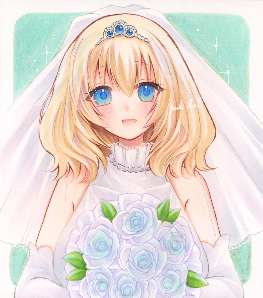 1girl alice_margatroid alternate_costume artist_name blonde_hair blue_eyes blue_flower blue_rose blush bouquet breasts commentary_request dress flower gloves highres holding holding_bouquet jewelry large_breasts looking_at_viewer marker_(medium) necklace open_mouth rose signature smile solo tiara touhou traditional_media veil wedding_dress white_gloves white_veil yuuki_hana_(jtnp5334)