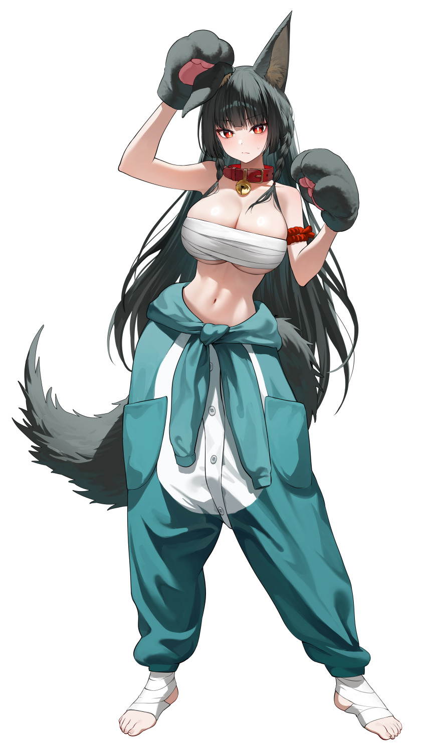 1girl absurdres animal_costume animal_ears animal_hands ayoni_623 bandaged_foot bandages bell black_hair breasts chest_sarashi cleavage commentary_request fox_ears fox_girl fox_tail full_body gloves highres hoshimi_miyabi large_breasts long_hair navel neck_bell paw_gloves red_eyes sarashi simple_background solo stomach sweatdrop tail toes very_long_hair white_background zenless_zone_zero