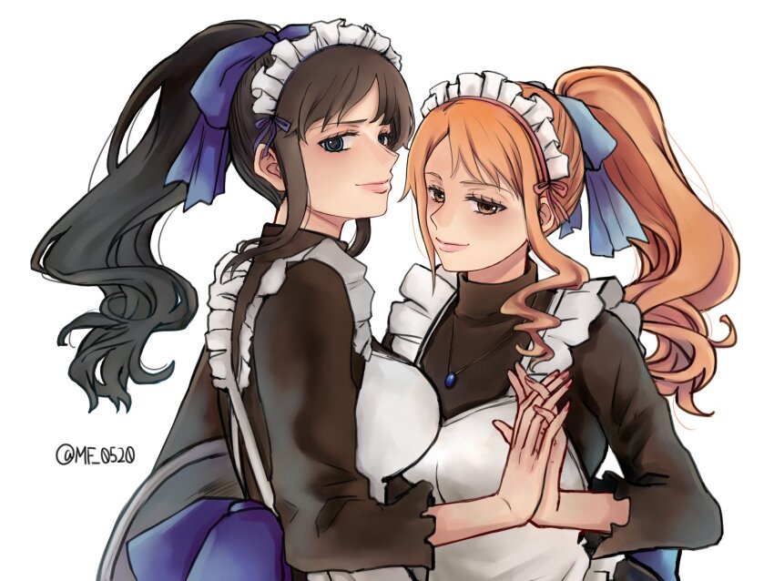 2girls apron black_hair commentary eyelashes hair_ribbon highres holding holding_hands jewelry long_sleeves looking_at_viewer maid maid_headdress mf_0520 multiple_girls nami_(one_piece) necklace nico_robin one_piece orange_hair ponytail ribbon sidelocks simple_background smile turtleneck twitter_username upper_body white_apron white_background