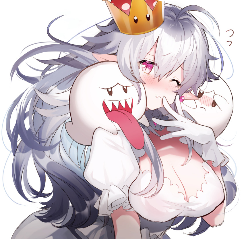1girl antenna_hair blush boo_(mario) breasts cleavage closed_mouth collar crown detached_collar dress fang fang_out flying_sweatdrops frilled_collar frilled_dress frilled_gloves frills full-face_blush gloves hair_between_eyes hand_on_own_face highres large_breasts long_hair looking_at_viewer luigi&#039;s_mansion mario_(series) new_super_mario_bros._u_deluxe nintendo one_eye_closed pointy_ears pomu_(pomu_me) princess_king_boo puffy_short_sleeves puffy_sleeves red_eyes short_sleeves sidelocks simple_background slit_pupils solo_focus super_crown tilted_headwear upper_body very_long_hair wavy_hair white_background white_dress white_gloves white_hair