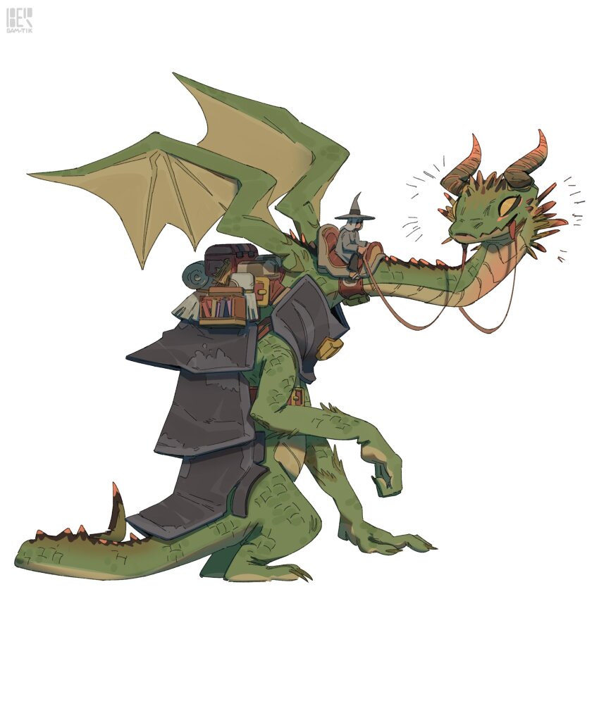 1boy armor barmaglotik book container dragon full_body hat highres holding holding_reins horns logo original reins riding saddle saddlebags simple_background tongue white_background witch_hat wooden_box