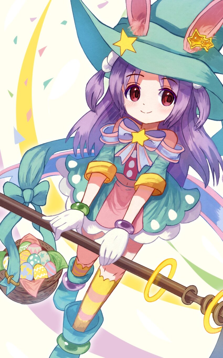 1girl alternate_costume basket bow bowtie easter_egg egg full_body hat highres holding holding_staff long_hair looking_at_viewer mahou_shoujo_madoka_magica mahou_shoujo_madoka_magica_magia_exedra misono_karin plusplushm purple_bow purple_bowtie purple_hair red_eyes solo staff wizard_hat