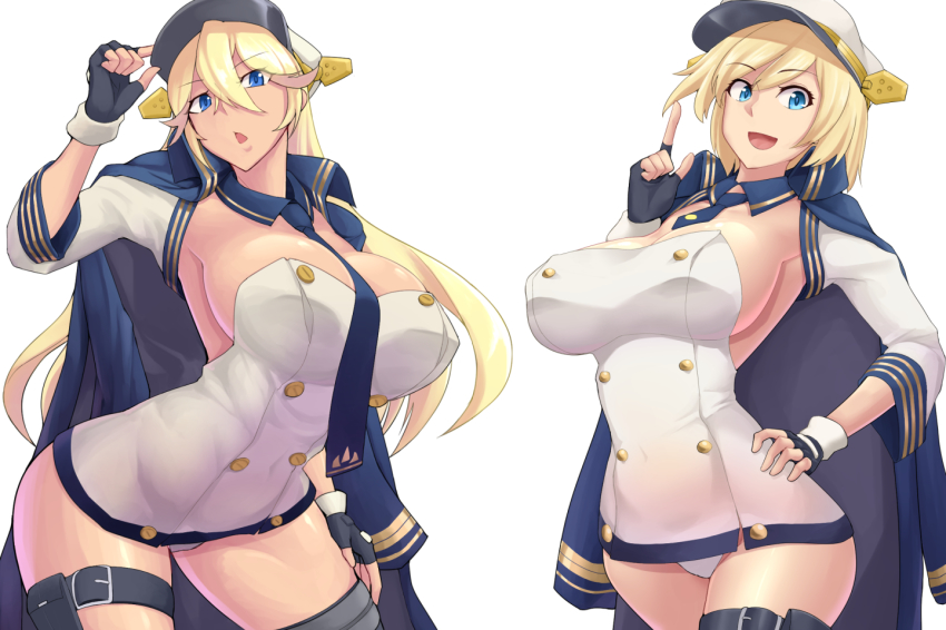 2girls azur_lane black_gloves blonde_hair blue_eyes blush breasts california_(azur_lane) cape cleavage dashigarayama dress fingerless_gloves gloves hair_between_eyes hat jacket jacket_on_shoulders large_breasts long_hair looking_at_viewer multiple_girls necktie open_mouth short_hair simple_background smile tennessee_(azur_lane) thigh_strap very_long_hair white_background