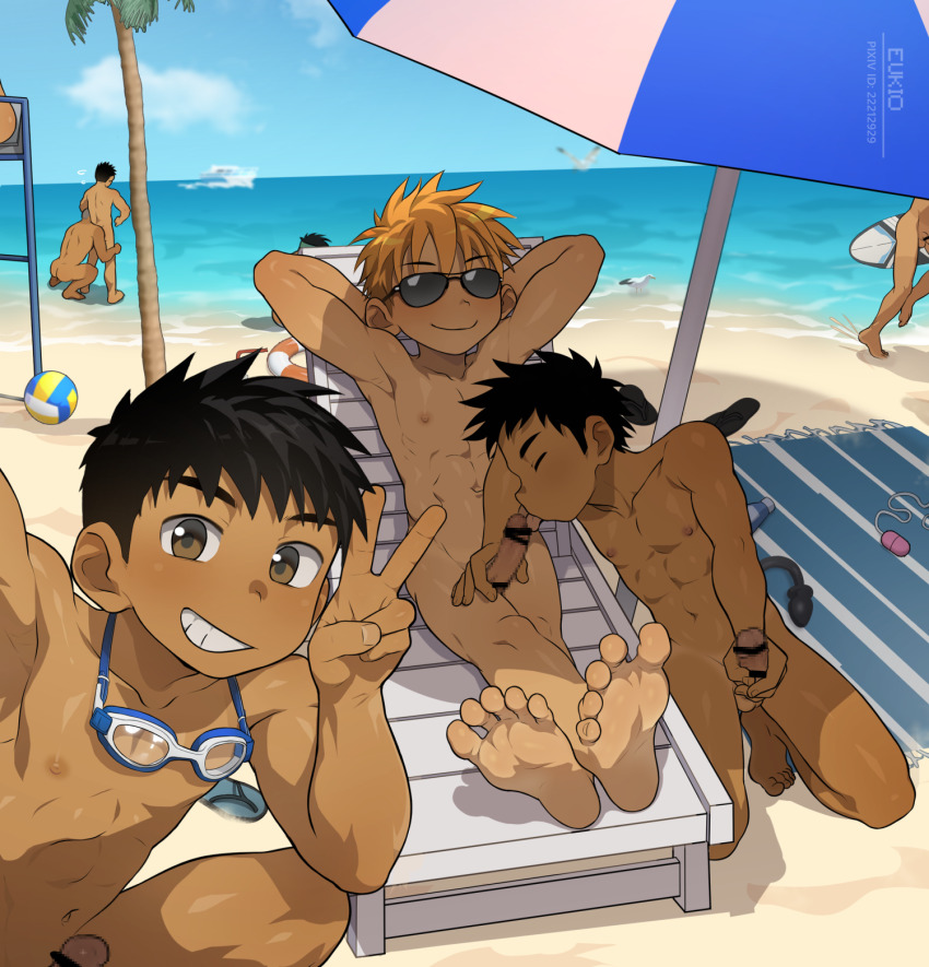 3boys bar_censor beach black_hair blonde_hair censored completely_nude eukio goggles goggles_around_neck male_focus multiple_boys muscular muscular_male nude original peace_symbol penis short_hair smile sunglasses taking_picture yaoi