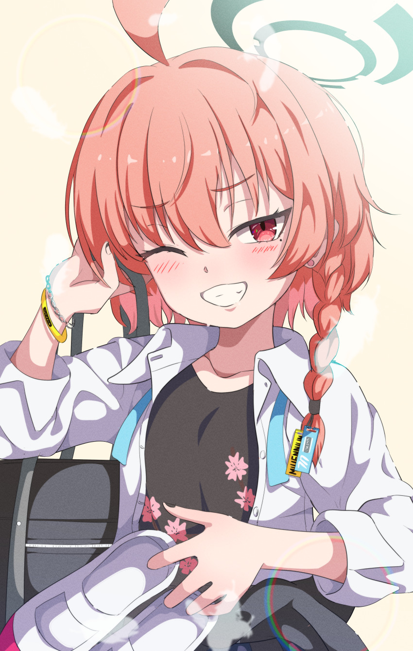 1girl ;d absurdres ahoge bag black_halo black_nails black_shirt blue_archive blush bracelet braid clothes_around_waist collared_shirt commentary_request dual_wielding earrings eyelashes film_grain floral_print floral_print_shirt grin hair_between_eyes hair_intakes halo hand_up happy highres holding holding_bag holding_shoes id_card jewelry lens_flare long_sleeves mikoshi_(user_wvyd4348) millennium_science_school_logo mole mole_under_eye nail_polish neru_(blue_archive) neru_(school_uniform)_(blue_archive) official_alternate_costume one_eye_closed open_clothes open_mouth open_shirt orange_hair print_shirt red_eyes shirt shoes simple_background single_braid smile solo stud_earrings tsurime upper_body white_shirt yellow_background