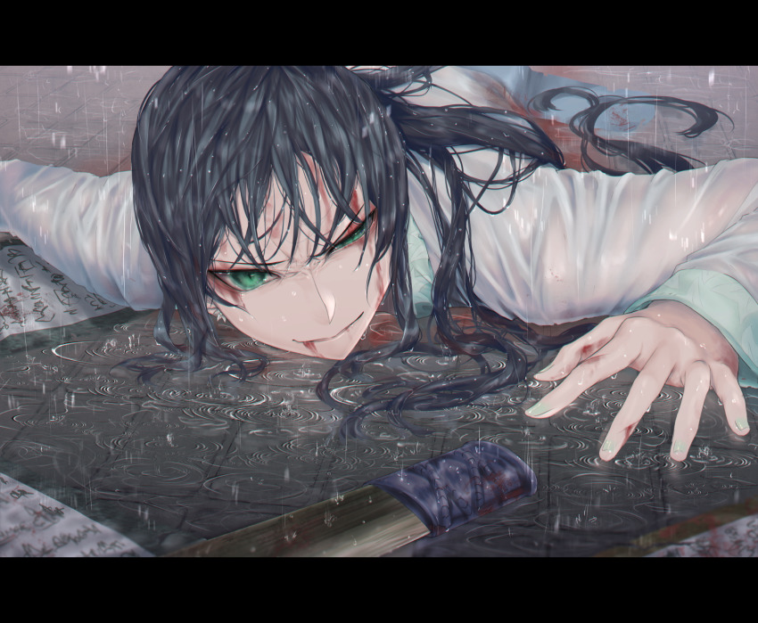 1girl black_hair blood blood_on_face dagger dying fate/grand_order fate_(series) green_eyes highres jing_ke_(fate) knife letterboxed long_hair lying on_floor on_stomach rain scroll smile solo weapon wet wet_clothes yuurei447