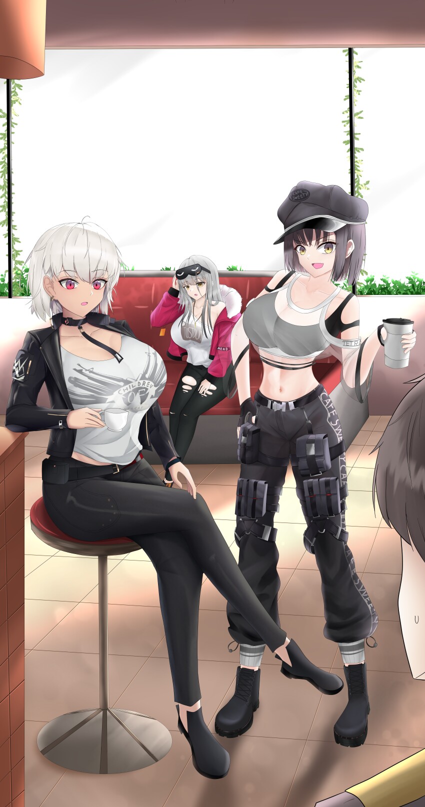 1boy 4girls absurdres bare_shoulders blush breasts cafe cafe_sweety_(nikke) cleavage commander_(nikke) cup frima_(nikke) gloves goddess_of_victory:_nikke hair_between_eyes hair_ornament highres holding holding_cup jacket large_breasts leather leather_jacket long_sleeves looking_at_viewer mask micktv42 milk_(nikke) multiple_girls navel open_mouth self-upload shirt simple_background sleeping smile standing sugar_(nikke) thighs white_background white_hair