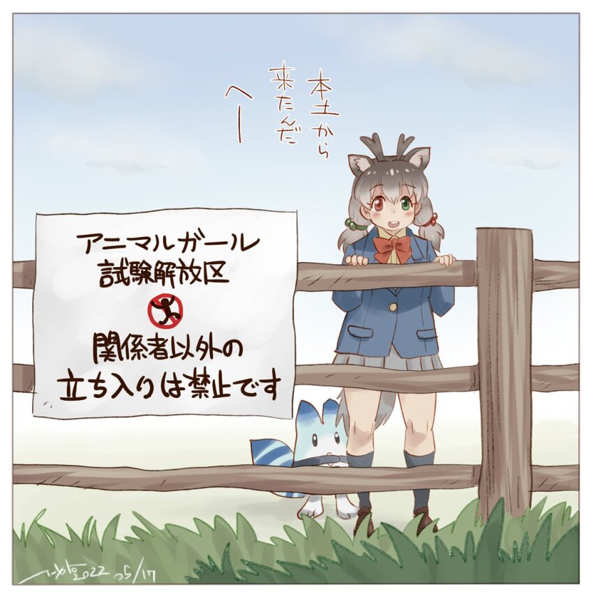 alternate_costume animal_ears antlers blue_jacket bow bowtie brown_footwear brown_hair deer_ears deer_tail fence grass green_bow green_eyes grey_skirt grey_socks hair_bow heterochromia horns jacket kemono_friends kemono_friends_3 light_brown_hair loafers long_sleeves lucky_beast_(kemono_friends) multicolored_hair nyororiso_(muyaa) pleated_skirt red_bow red_bowtie red_eyes reindeer_(kemono_friends) reindeer_antlers reindeer_girl school_uniform shirt shoes short_hair sign skirt socks tail translation_request twintails white_shirt
