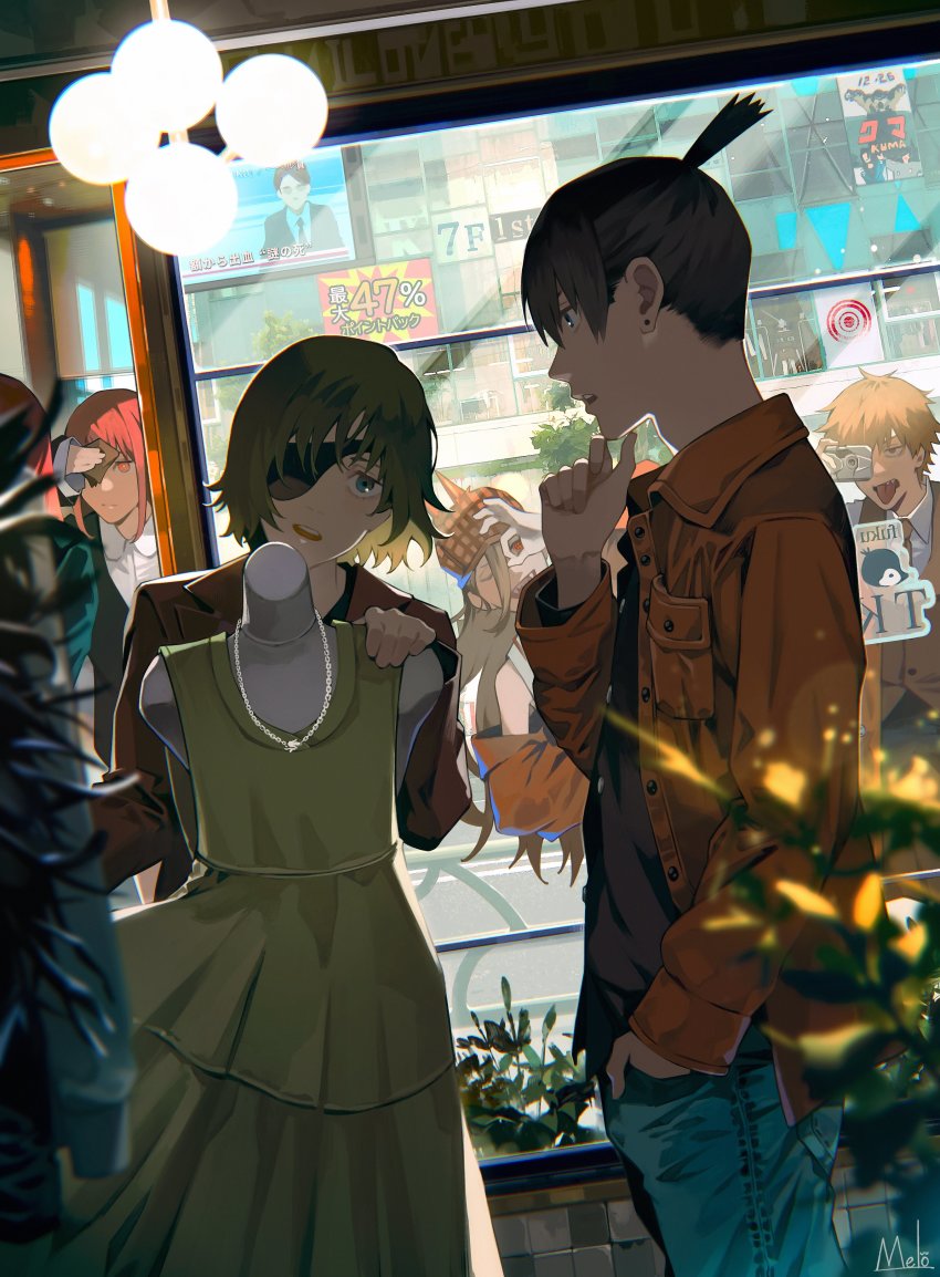 3boys 4girls absurdres black_hair black_shirt blonde_hair blue_eyes brown_jacket brown_necktie camera chainsaw_man coat collared_shirt covering_own_eyes cross-shaped_pupils deerstalker denji_(chainsaw_man) dress earrings eyepatch fangs finger_to_own_chin green_dress green_eyes hand_in_pocket hand_on_window handkerchief hat hayakawa_aki highres himeno_(chainsaw_man) holding holding_camera holding_handkerchief jacket jewelry kyuuba_melo looking_at_another makima_(chainsaw_man) medium_hair multiple_boys multiple_girls necklace necktie ok_sign ok_sign_over_eye one_eye_closed plant power_(chainsaw_man) red_eyes red_hair ringed_eyes sharp_teeth shirt shopping short_hair stud_earrings sweater_vest symbol-shaped_pupils target_(store) teeth television tongue tongue_out topknot white_shirt window yonezu_kenshi_(person)