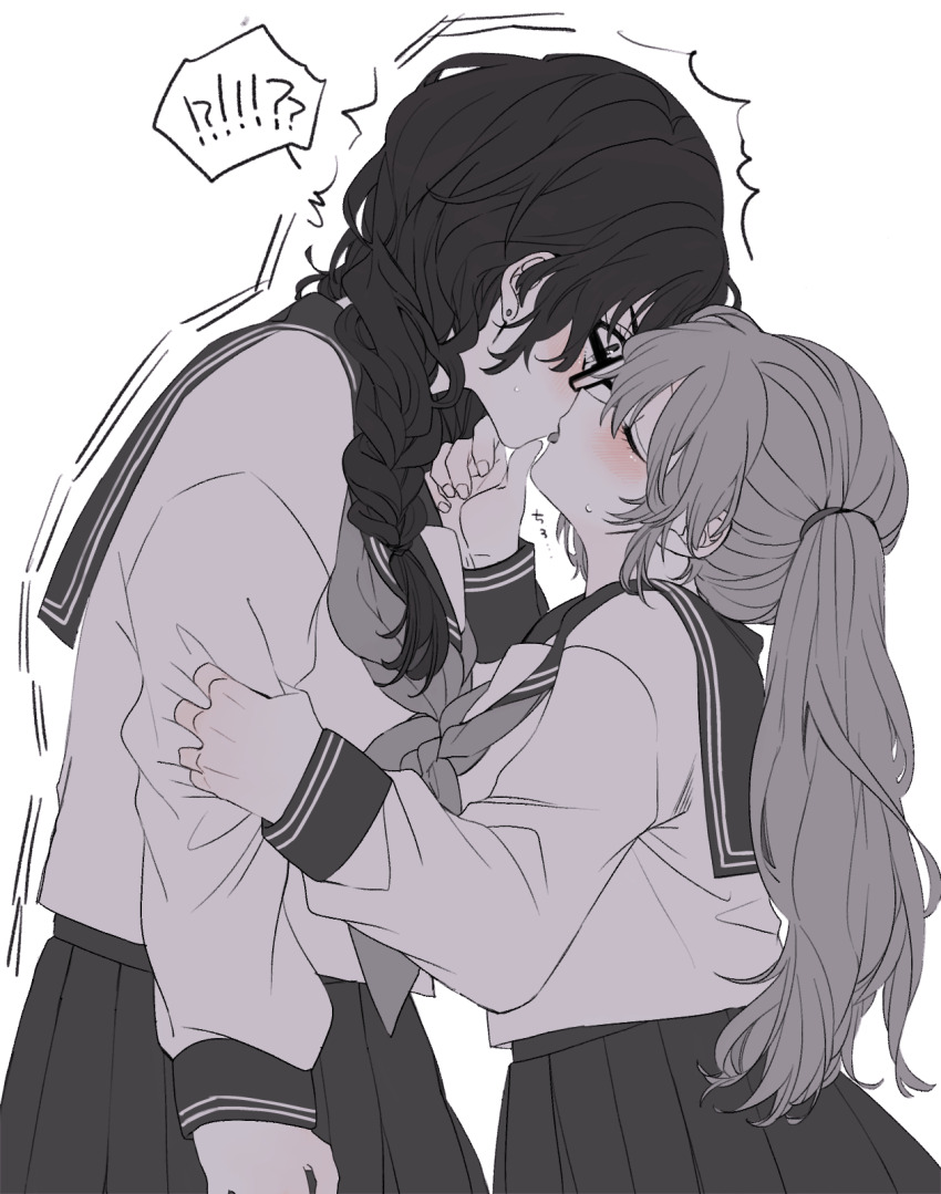 !? 2girls amane_(7783) black_hair blush braid brown_hair closed_eyes commentary_request earrings glasses grabbing_another&#039;s_arm grabbing_another&#039;s_chin hand_on_another&#039;s_chin height_difference highres jewelry kiss leaning_forward long_hair long_sleeves monochrome multiple_girls original penis sailor_collar school_uniform serafuku simple_background surprise_kiss surprised tongue tongue_out twin_braids twintails yuri