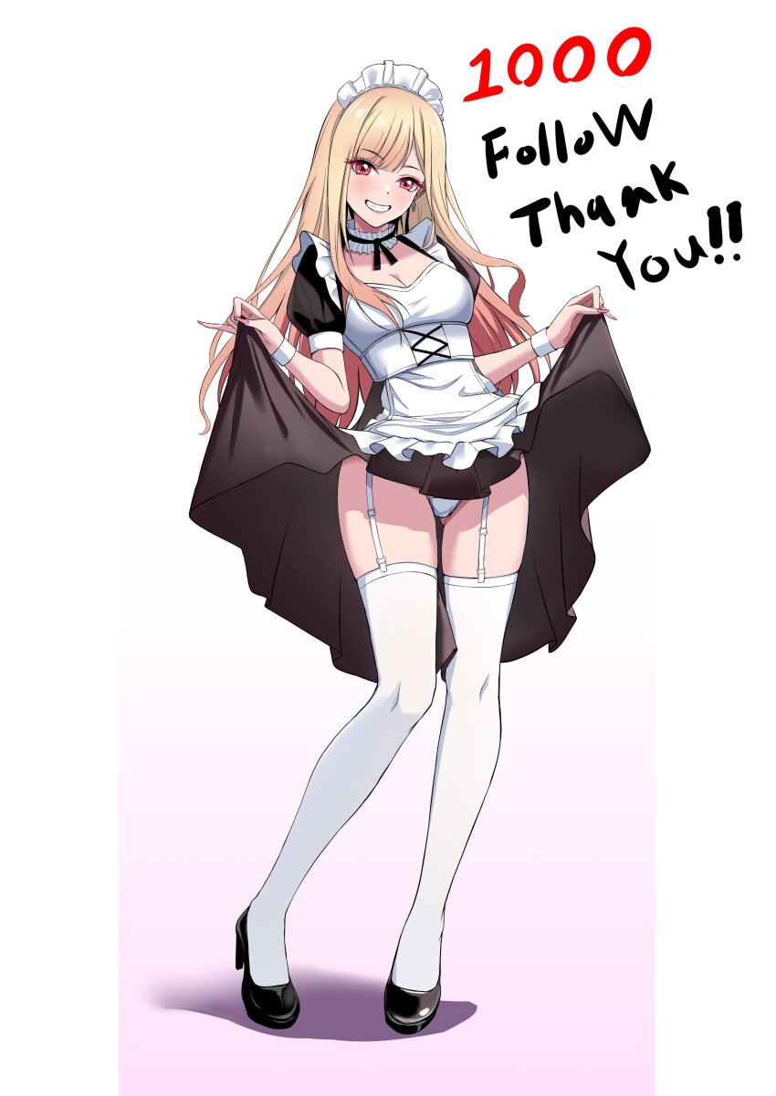 1girl absurdres apron batto_neko black_dress black_footwear black_ribbon blonde_hair blush breasts cleavage clothes_lift corset dress dress_lift full_body garter_straps grin high_heels highres jewelry kitagawa_marin lifting_own_clothes long_hair looking_at_viewer maid maid_apron maid_headdress milestone_celebration neck_ribbon panties puffy_short_sleeves puffy_sleeves red_eyes ribbon short_sleeves simple_background smile solo sono_bisque_doll_wa_koi_wo_suru standing thank_you thighhighs underwear white_background white_corset white_garter_straps white_panties white_thighhighs white_wrist_cuffs wrist_cuffs