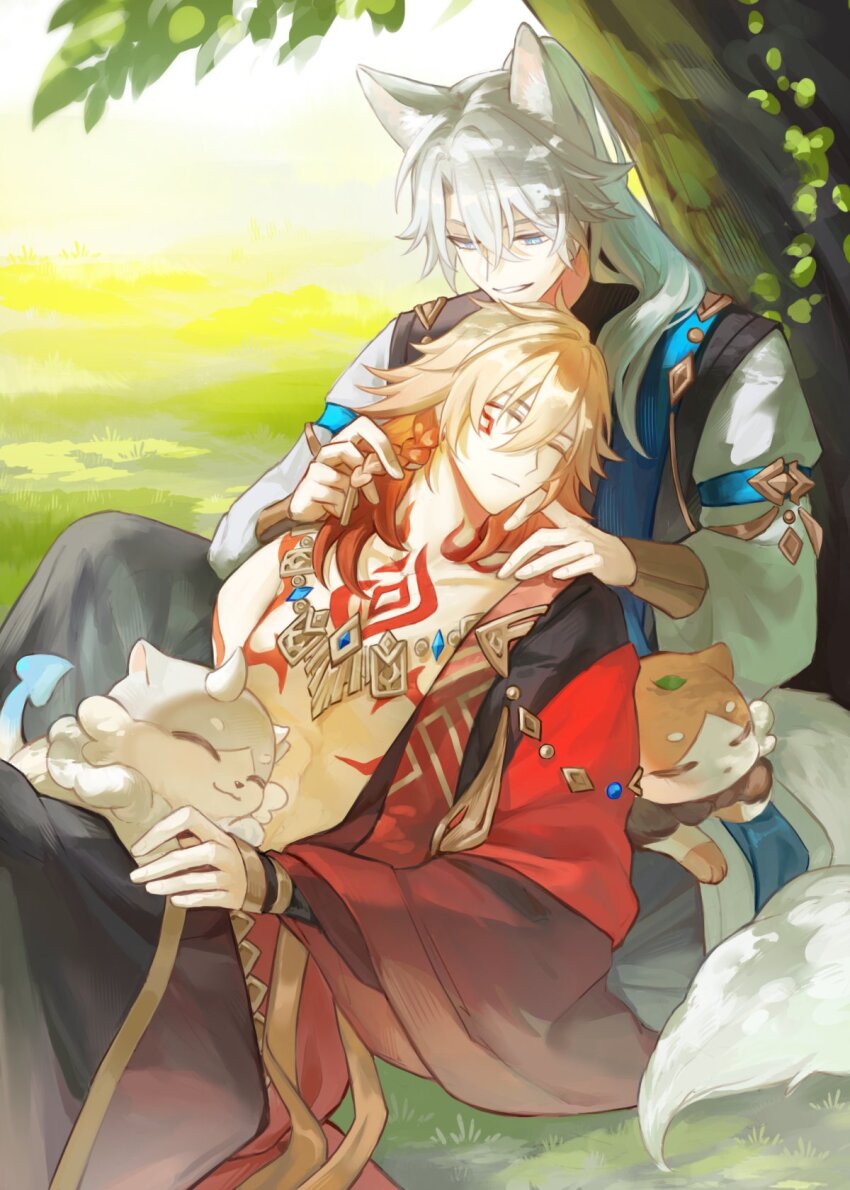2boys alternate_costume animal_ears arm_tattoo bare_pectorals blonde_hair braid chest_tattoo chimera_(honkai:_star_rail) chinese_clothes chinese_commentary closed_eyes commentary_request facial_tattoo fox_boy fox_ears fox_tail gold_necklace gradient_hair hair_between_eyes highres honkai:_star_rail honkai_(series) jewelry leaning_on_person long_hair looking_at_another male_focus medium_hair multicolored_hair multiple_boys mydei_(honkai:_star_rail) necklace open_clothes open_robe orangezhaoze parted_bangs pectorals phainon_(honkai:_star_rail) playing_with_another&#039;s_hair ponytail red_hair red_robe red_tattoo robe side_braid sleeping tail tattoo tree under_tree white_hair white_robe yaoi