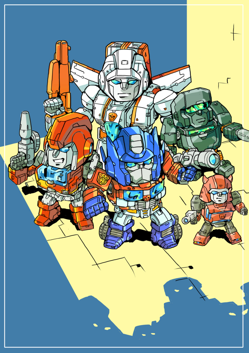 5boys autobot blue_eyes canopy_(aircraft) chibi cliffjumper commentary english_commentary gun highres hoist_(transformers) holding holding_gun holding_weapon insignia ironhide jetfire konachang looking_at_viewer mecha multiple_boys no_humans optimus_prime robot smile standing transformers weapon windshield wings