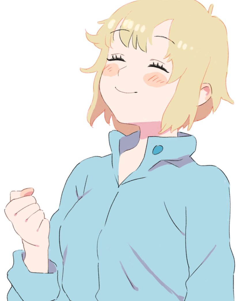 1girl ^_^ blonde_hair blue_shirt blush clenched_hand closed_eyes closed_mouth dungeon_meshi falin_touden falin_touden_(tallman) gan2 hand_up highres shirt short_hair simple_background smile solo white_background