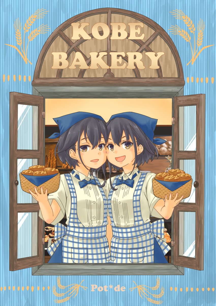 1girl absurdres alternate_costume apron baguette bakery basket black_hair blue_apron blue_background blue_bow blue_bowtie blue_headscarf blue_skirt bow bowtie bread brown_eyes checkered_apron checkered_clothes employee_uniform food gingham gingham_apron gingham_skirt hair_between_eyes headscarf high-waist_skirt highres holding holding_basket i-13_(kancolle) i-14_(kancolle) kantai_collection kobeya_uniform plaid_apron plaid_clothes pleated_shirt pot-de shop short_hair skirt solo upper_body waitress window