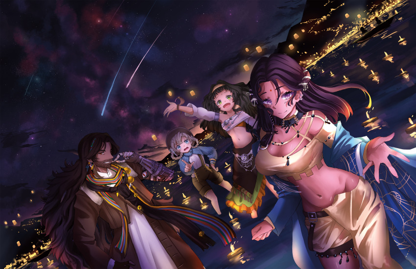 1boy 3girls absurdres braid comet dark-skinned_female dark-skinned_male dark_skin festival hat highres indian_clothes kaalaa_baunaa kanjira lantern lantern_on_liquid matilda_bouanich matilda_bouanich_(the_genius&#039;s_holiday) mechanical_arms multiple_girls night night_sky official_alternate_costume paper_lantern poncakes reverse:1999 shamane single_mechanical_arm sky star_(sky)