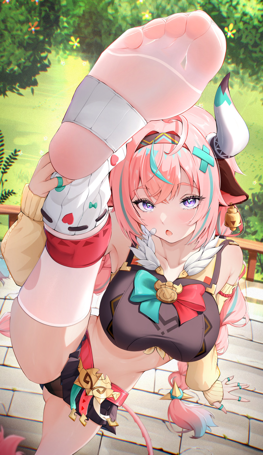 1girl absurdres animal_ears aqua_hair bare_shoulders belt black_panties black_skirt bow bowtie breasts cameltoe collarbone collared_shirt commentary cow_ears cow_girl cow_horns cow_tail crop_top detached_sleeves feet fingerless_gloves genshin_impact gloves hair_intakes hairband highres horns large_breasts leg_warmers looking_at_viewer midriff miniskirt multicolored_hair open_mouth outdoors paid_reward_available panties pink_hair pleated_skirt purple_eyes radoremo red_belt shirt skirt slippers soles solo split standing standing_on_one_leg standing_split stirrup_legwear streaked_hair tail thighhighs toeless_legwear toes two-tone_bow two-tone_bowtie two-tone_hair underwear varesa_(genshin_impact) white_thighhighs yellow_slippers