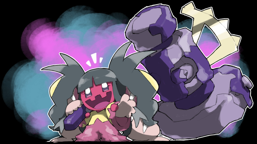 :d black_background blacknirrow commentary cosplay english_commentary eyelashes full_body gen_3_pokemon hammer highres holding holding_hammer mawile mega_mawile mega_mawile_(cosplay) mega_pokemon nintendo no_humans notice_lines open_mouth outline pokemon pokemon_(creature) smile solo standing tinkaton waving white_outline