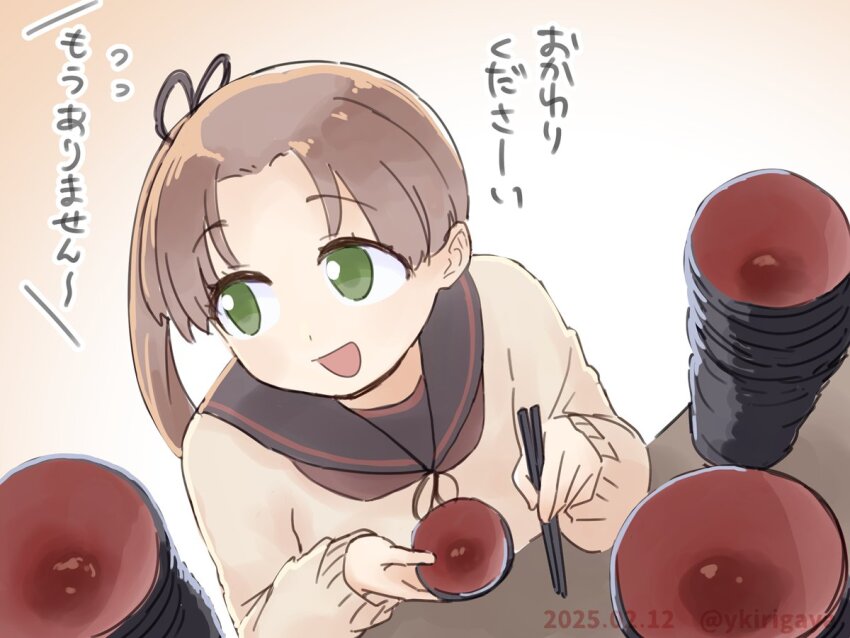 1girl ayanami_(kancolle) ayanami_kai_ni_(kancolle) black_sailor_collar bowl brown_hair brown_neckerchief brown_sweater chopsticks commentary_request glutton green_eyes kantai_collection kirigaya_yuuji long_hair neckerchief sailor_collar side_ponytail smile solo sweater translation_request upper_body