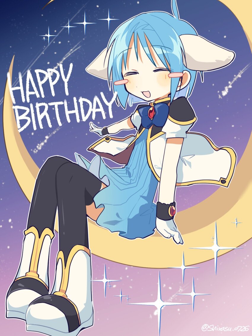 1girl angel_wing_uniform animal_ears black_thighhighs blue_bow blue_bowtie blue_dress blue_hair blush_stickers boots bow bowtie closed_eyes dress full_body galaxy_angel gloves happy_birthday highres mint_blancmanche monocle nm_shirasu on_moon open_mouth short_hair sitting solo star_(symbol) thighhighs