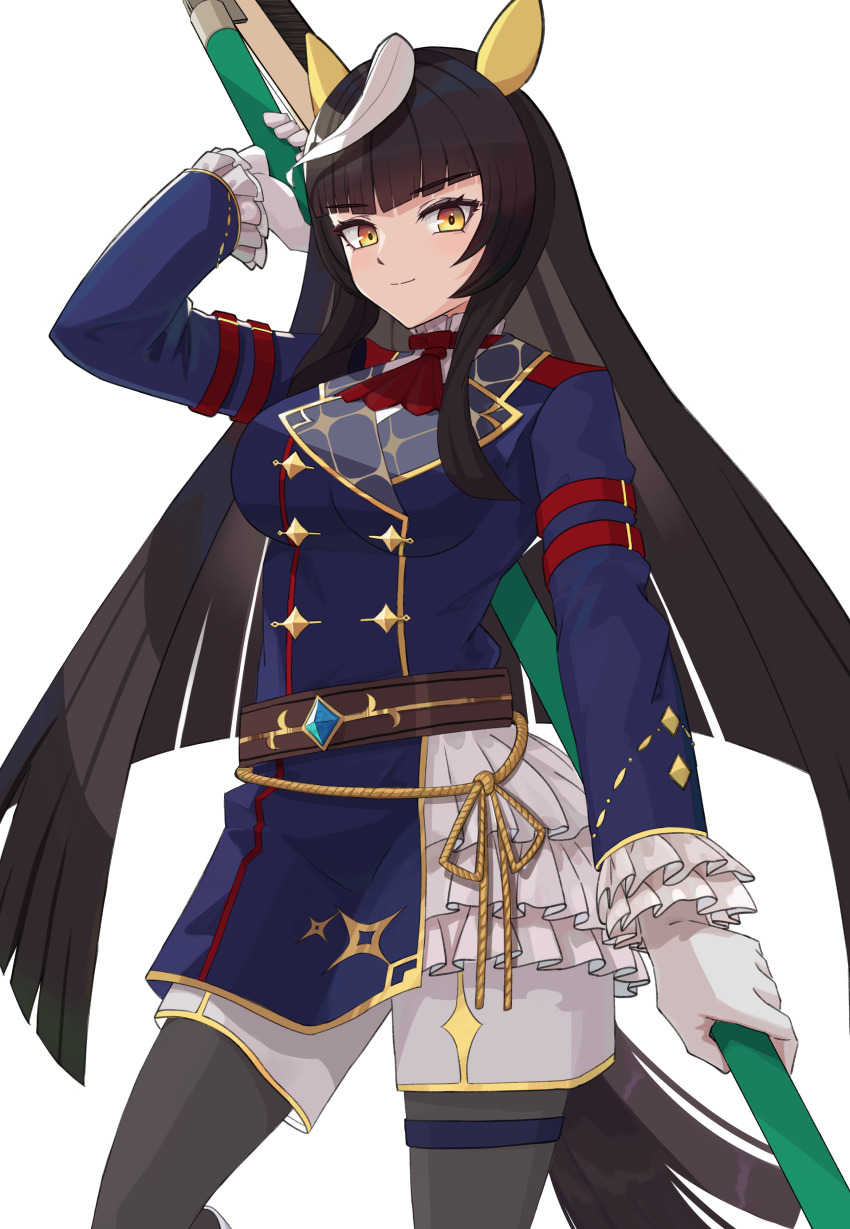 1girl absurdres ahoge animal_ears ascot black_hair black_pantyhose blue_jacket blunt_bangs breasts broom buttons calstone_light_o_(umamusume) double-breasted ear_covers highres hime_cut holding holding_broom horse_ears horse_girl horse_tail jacket long_hair looking_at_viewer madori_(madori151) medium_breasts multicolored_hair pantyhose red_ascot shorts simple_background solo streaked_hair tail umamusume weapon white_background white_hair white_shorts yellow_eyes