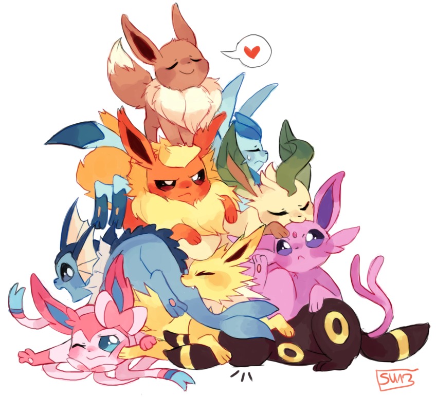 biting biting_another&#039;s_tail blush eevee espeon evolutionary_line faceplant flareon forked_tail frown gen_1_pokemon gen_2_pokemon gen_4_pokemon gen_6_pokemon glaceon heart highres jolteon leafeon nintendo one_eye_closed pain pokemon pokemon_(creature) signature spoken_heart suikuzu sylveon tail tail_biting umbreon vaporeon
