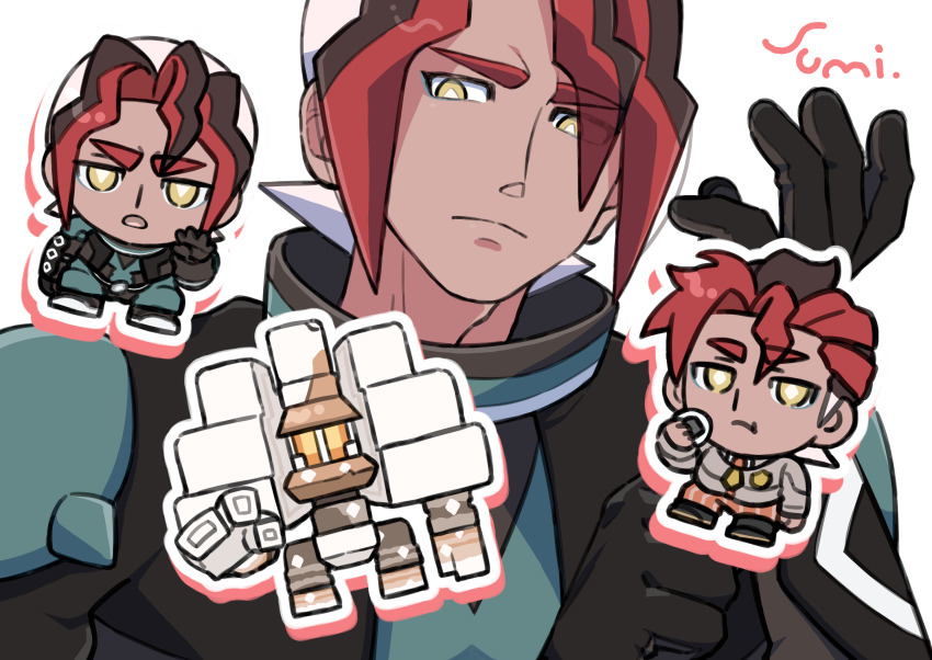 1boy :t absurdres adjusting_clothes adjusting_gloves bright_pupils chibi closed_mouth commentary_request dark-skinned_male dark_skin eating food garganacl gloves highres looking_down male_focus multicolored_hair nintendo onigiri outline pokemon pokemon_(anime) pokemon_(creature) pokemon_horizons school_uniform sidian_(pokemon) signature simple_background uminosumi_dai white_background white_pupils yellow_eyes