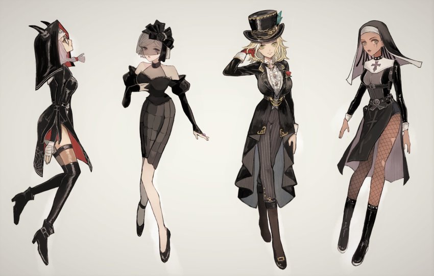 4girls :o :| arms_at_sides bandages belt black_bow black_dress black_flower black_footwear black_hair black_rose black_skin black_sleeves blonde_hair boots bow braid chimakey closed_mouth colored_skin cross dark_skin demi_bourbon demi_bourbon_(true_proof) dress facing_away facing_viewer feathers fiona_gilman fiona_gilman_(divine_light) fishnets flower glasses gloves gold_trim green_eyes hand_on_own_chest hand_on_own_face hat highres horns identity_v jacket lace long_sleeves looking_at_viewer matching_outfits mole mole_under_eye multicolored_hair multiple_girls nun official_alternate_costume open_clothes open_jacket pants patricia_dorval patricia_dorval_(reservist) pencil_skirt pink_hair purple_eyes red_flower red_gloves red_rose rose shoes silver_trim skirt smile striped_clothes striped_pants tailcoat thighhighs top_hat twin_braids veil vera_nair white_hair