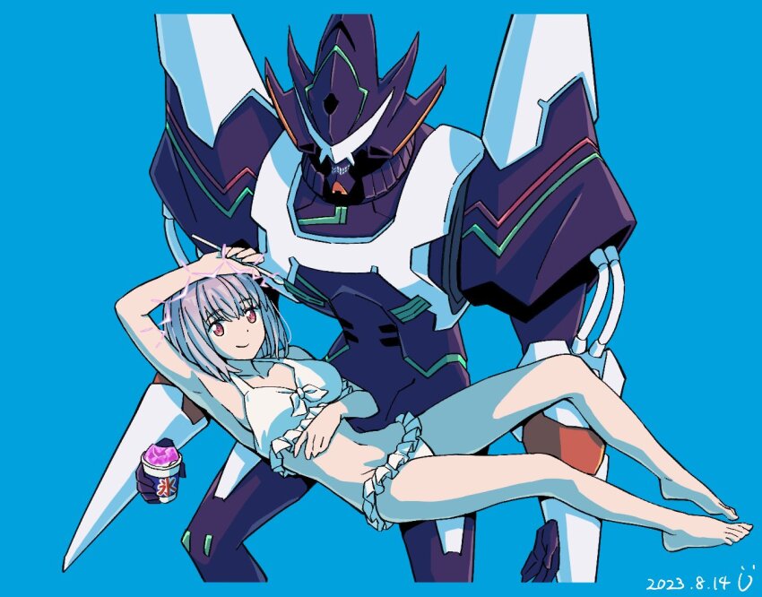 1boy 1girl alexis_kerib alexis_kerib_(new_order) armor bikini breasts gloves gridman_universe gridman_universe_(movie) large_breasts looking_at_viewer official_alternate_costume pisto1star purple_hair red_eyes shinjou_akane shinjou_akane_(new_order) short_hair smile ssss.gridman swimsuit white_bikini