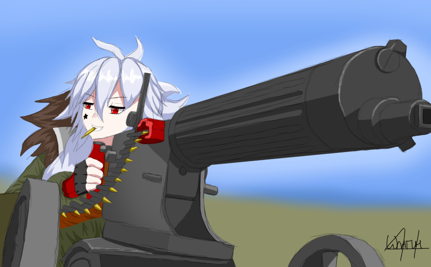 ammunition_belt girls&#039;_frontline gun highres machine_gun maxim_gun pm1910_(girls&#039;_frontline) red_eyes shpagin41 silver_hair weapon