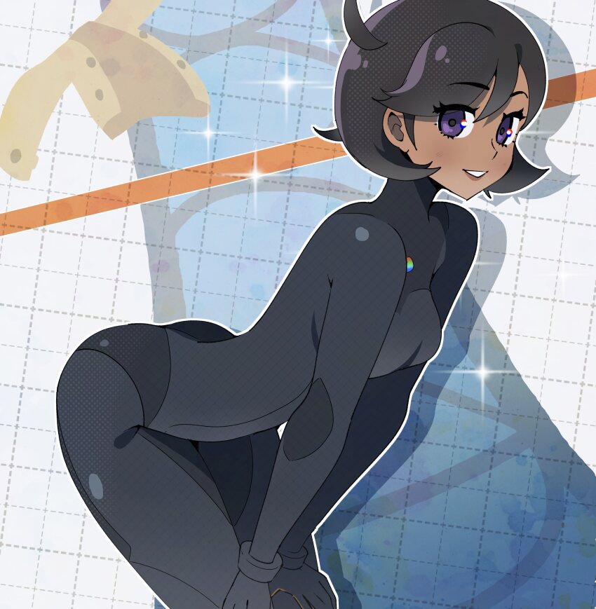 1girl ass black_hair blush bodysuit coat cowboy_shot dark-skinned_female dark_skin emma_(pokemon) from_side gjh hands_on_own_knees looking_at_viewer medium_hair nintendo pokemon pokemon_legends:_z-a purple_eyes smile solo sparkle unworn_coat