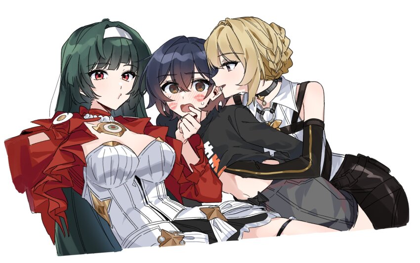 3girls @_@ astra_yao belle_(zenless_zone_zero) biting biting_ear black_gloves black_pants black_shirt blonde_hair blue_hair blush braid braided_bun breasts clothes_lift collared_shirt commentary_request danji_bang dress elbow_gloves evelyn_chevalier girl_sandwich gloves grabbing_another&#039;s_breast grabbing_from_behind green_eyes green_hair grey_skirt groping hair_bun hand_under_clothes hand_under_shirt hands_on_feet highres korean_commentary large_breasts lipstick_mark lipstick_mark_on_face multiple_girls open_mouth pants puckered_lips purple_eyes red_dress red_eyes sandwiched shirt shirt_lift short_hair simple_background skirt two-tone_dress white_background white_dress white_hair white_shirt yuri zenless_zone_zero