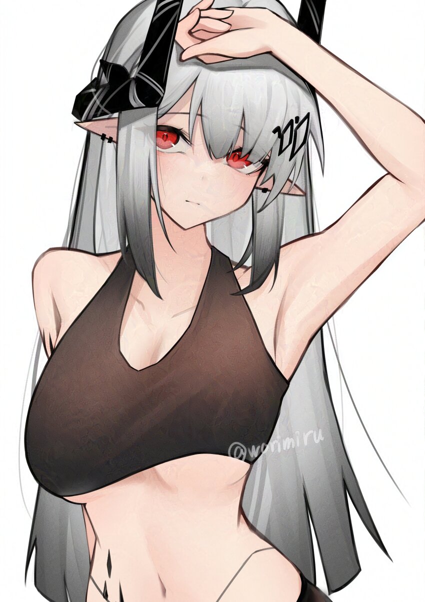absurdres adversarial_noise arknights arm_up armpits black_horns breasts brown_sports_bra closed_mouth commentary crop_top ear_piercing eyes_visible_through_hair grey_hair highres horns large_breasts long_hair looking_at_viewer material_growth mudrock_(arknights) navel oripathy_lesion_(arknights) piercing pointy_ears red_eyes simple_background sleeveless sports_bra twitter_username underboob upper_body watermark white_background worimehl
