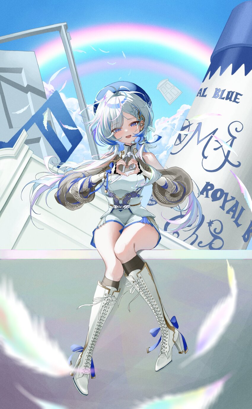 1girl 4meart0112 :d absurdres bare_shoulders blue_eyes blue_hat blue_streaks blurry blurry_foreground boots clothing_cutout cloud corset door fantasy feathers floating hat headset heart heart_hands hebi_(vtuber) highres indie_virtual_youtuber knees_together_feet_apart long_hair looking_at_viewer multicolored_hair open_door open_mouth pillar porcelain qinghua_(porcelain) rainbow ribbon scale_print see-through_clothes see-through_sleeves shorts shoulder_cutout sitting sky smile snake solo streaked_hair thighs twintails virtual_youtuber white_boots white_corset white_hair white_shorts white_snake
