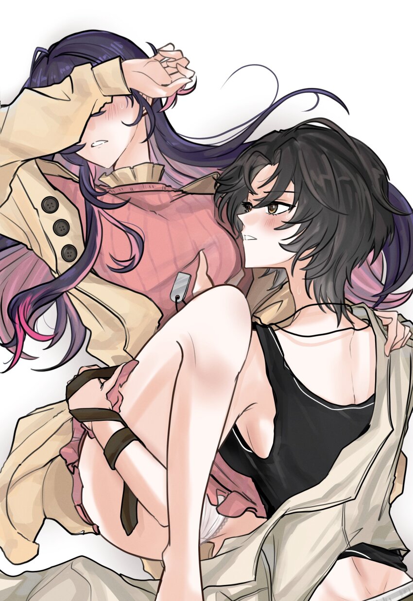 2girls absurdres bare_legs between_legs black_hair black_tank_top blush brown_eyes buttons choikfu colored_inner_hair commentary covering_own_eyes eleanor_si grabbing_another&#039;s_breast groping hand_on_another&#039;s_shoulder hashtag-only_commentary highres jewelry love_curse:_find_your_soulmate medium_hair multicolored_hair multiple_girls necklace panties parted_lips pink_hair pink_sweater purple_hair selene_yan simple_background sweat sweater tank_top underwear white_background white_panties wolf_cut yuri