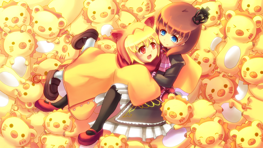 &gt;_&lt; 1boy 1girl :3 :d animal_ears ascot black_pantyhose blonde_hair blue_eyes brown_hair closed_eyes crown dress highres hitotubosi lion_ears long_sleeves maria_(umineko) no_naku_koro_ni_(series) open_mouth pantyhose red_eyes sakutarou_(umineko) scarf sleeves_past_wrists smile stuffed_animal stuffed_lion stuffed_toy umineko_no_naku_koro_ni ushiromiya_maria white_pantyhose