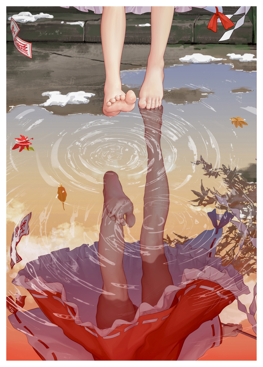 1girl absurdres autumn_leaves barefoot bigxixi chinese_commentary cloud commentary_request detached_sleeves dorsiflexion dress evening falling_leaves feet foot_focus frilled_dress frills gohei hakurei_reimu head_out_of_frame highres leaf lower_body ofuda puddle red_dress reflection reflective_water sky solo stairs stone_stairs toes touhou tree walking