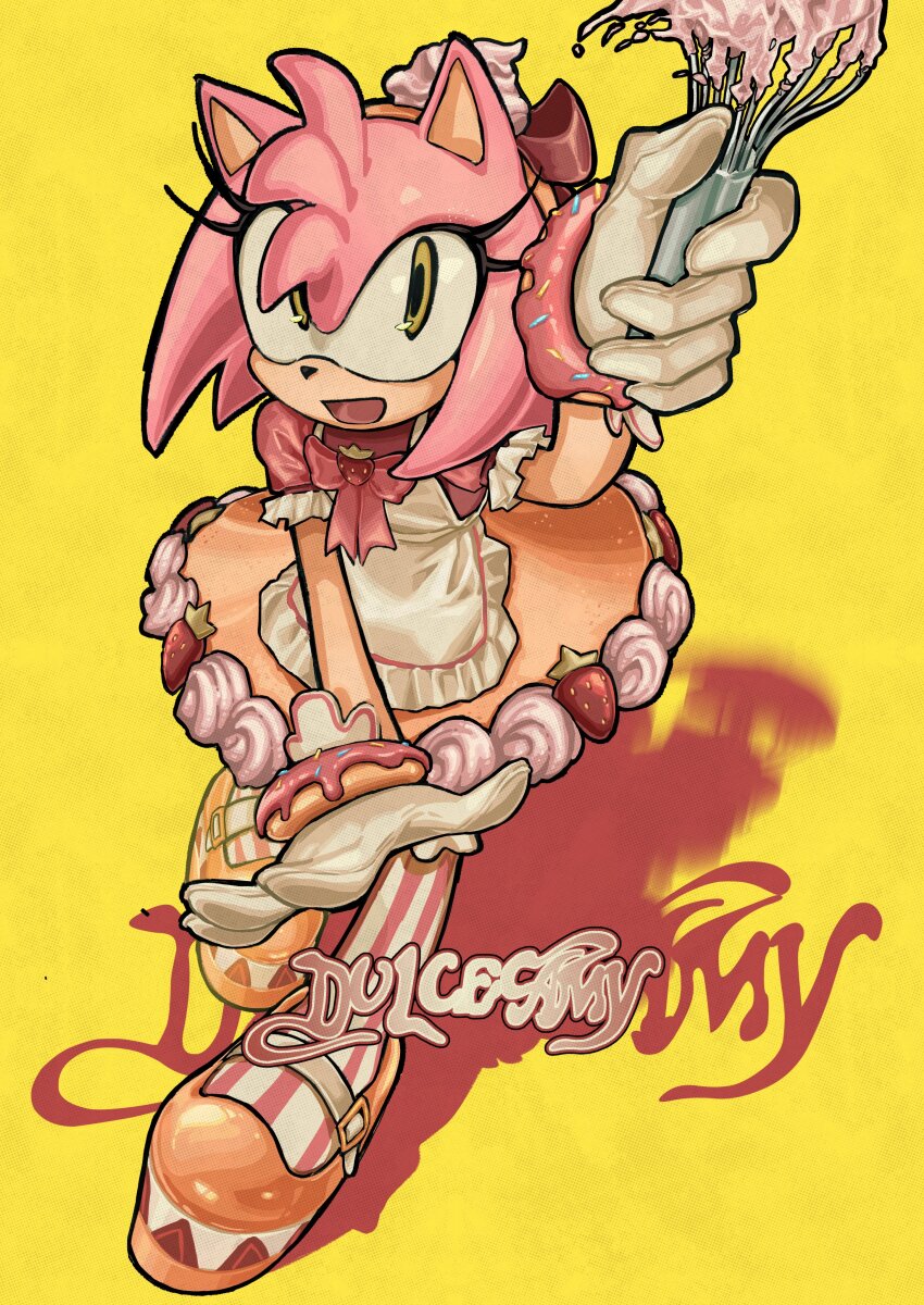 1girl :d absurdres amy_rose amy_rose_(dulce) animal_ears animal_nose apron bow character_name donut_bracelet dress food food-themed_clothes fruit full_body furry furry_female gloves green_eyes hedgehog_girl highres holding holding_whisk livpoid lolita_fashion looking_at_viewer official_alternate_costume open_mouth orange_dress orange_shoes pink_bow pink_fur pink_hair puffy_short_sleeves puffy_sleeves red_ribbon ribbon shoes short_sleeves simple_background smile socks solo sonic_(series) sonic_dash sonic_forces:_speed_battle standing strawberry striped_clothes striped_socks sweet_lolita vertical-striped_clothes vertical-striped_socks whipped_cream whisk white_apron white_gloves yellow_background