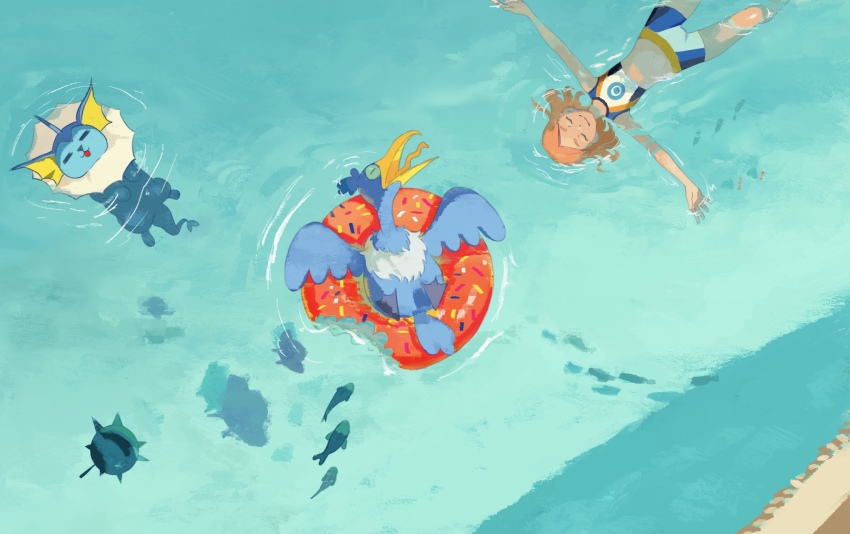 1girl afloat brown_hair closed_eyes cramorant gen_1_pokemon gen_2_pokemon gen_4_pokemon gen_7_pokemon gen_8_pokemon highres innertube mantyke nicporim nintendo open_mouth pokemon pokemon_(creature) pokemon_swsh qwilfish relaxing ripples short_hair smile swim_ring vaporeon water wishiwashi wishiwashi_(solo)