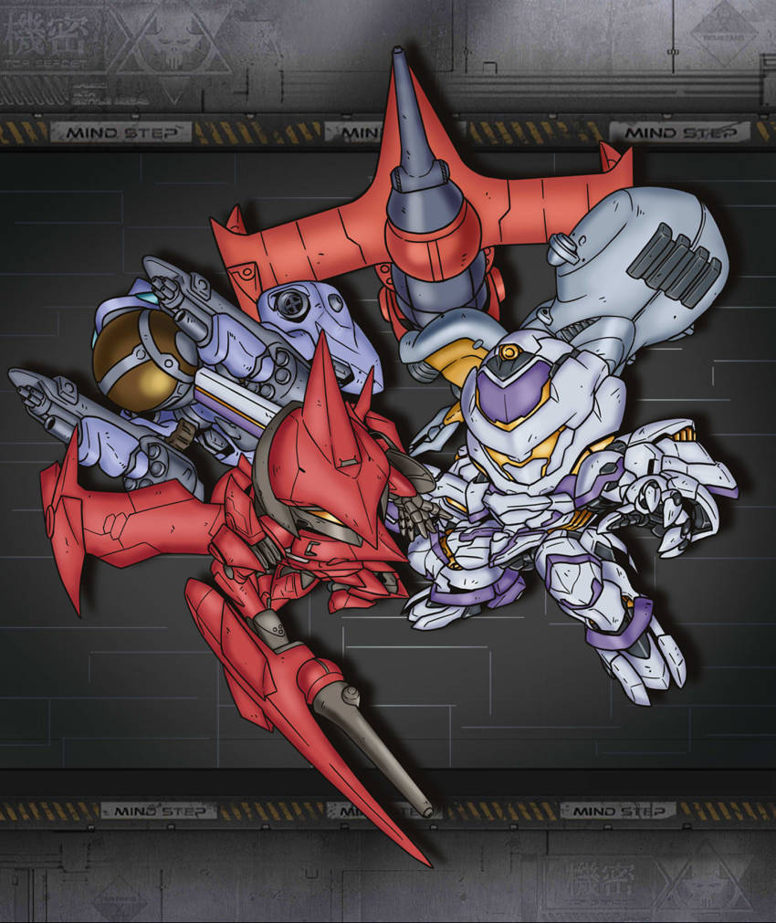 cowboy_bebop crossover gun hammerhead_(cowboy_bebop) highres holding holding_gun holding_weapon iron_saga lancefish looking_at_viewer mecha no_humans open_hand orange_eyes red_tail_(cowboy_bebop) robot science_fiction sfss spacecraft starfighter swordfish_ii vassago_(iron_saga) weapon
