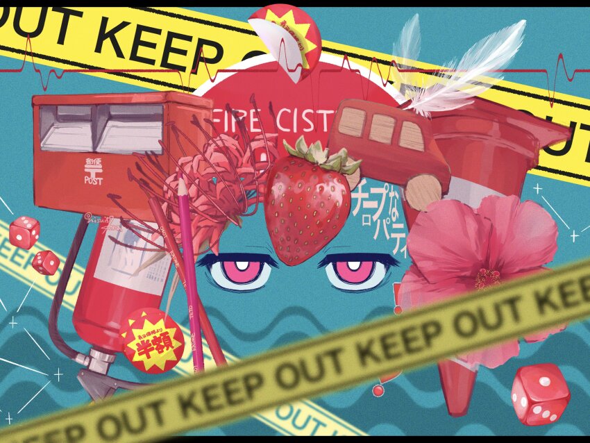 1girl bright_pupils cardiogram caution_tape cheap_properties_(utau) dice feathers fire_extinguisher flower food fruit highres kasane_teto keep_out letterboxed looking_at_viewer nisui57 pink_eyes postbox_(outgoing_mail) solo spider_lily sticker strawberry toy_car traffic_cone utau white_pupils