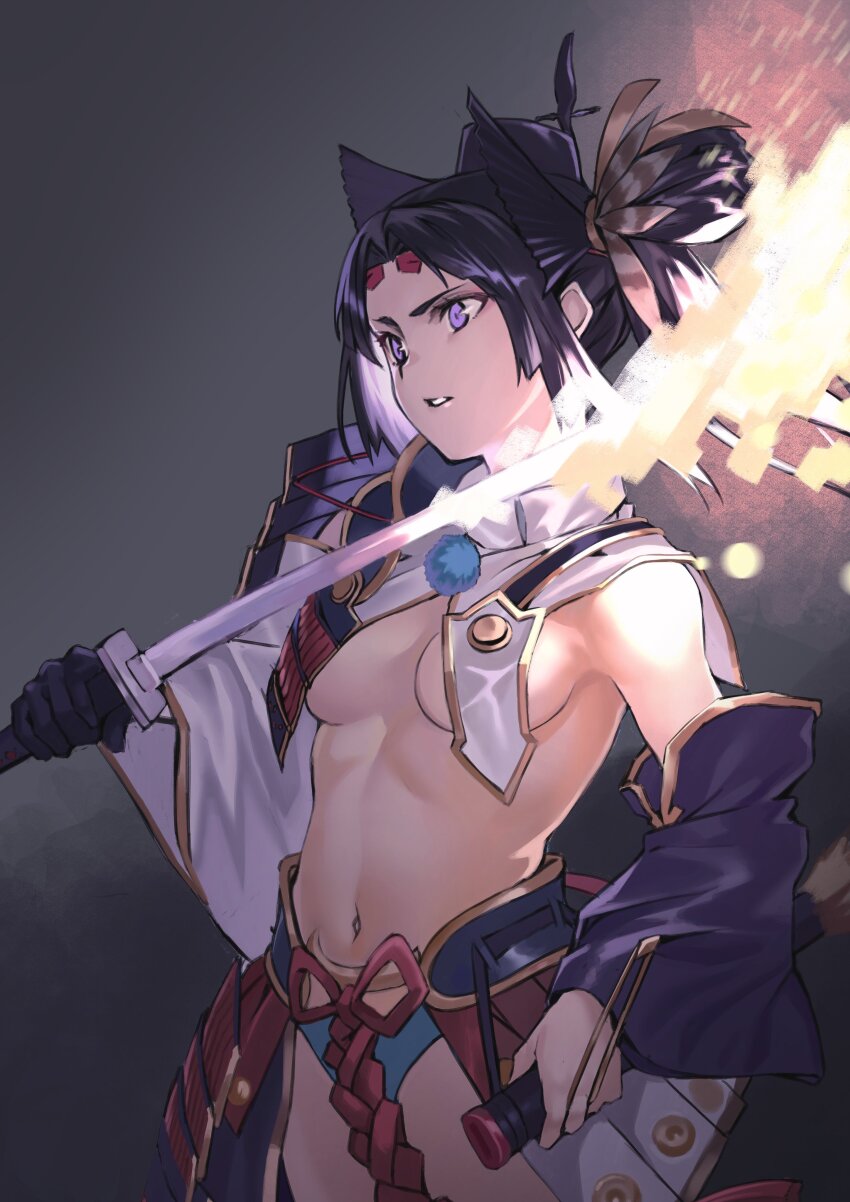 1girl absurdres armor asymmetrical_clothes asymmetrical_sleeves black_gloves black_hair black_hat blue_eyes blue_panties breast_curtains breasts detached_sleeves fate/grand_order fate_(series) feathers gloves glowing glowing_weapon hat highres hiro_(hirohiro_gorira) holding holding_sheath holding_sword holding_weapon japanese_armor katana kusazuri linea_alba long_hair medium_breasts mismatched_sleeves navel panties pom_pom_(clothes) purple_sleeves revealing_clothes sheath shoulder_armor showgirl_skirt side_ponytail single_glove single_pantsleg sode solo stomach sword tassel tate_eboshi underwear unsheathed ushiwakamaru_(fate) weapon white_sleeves